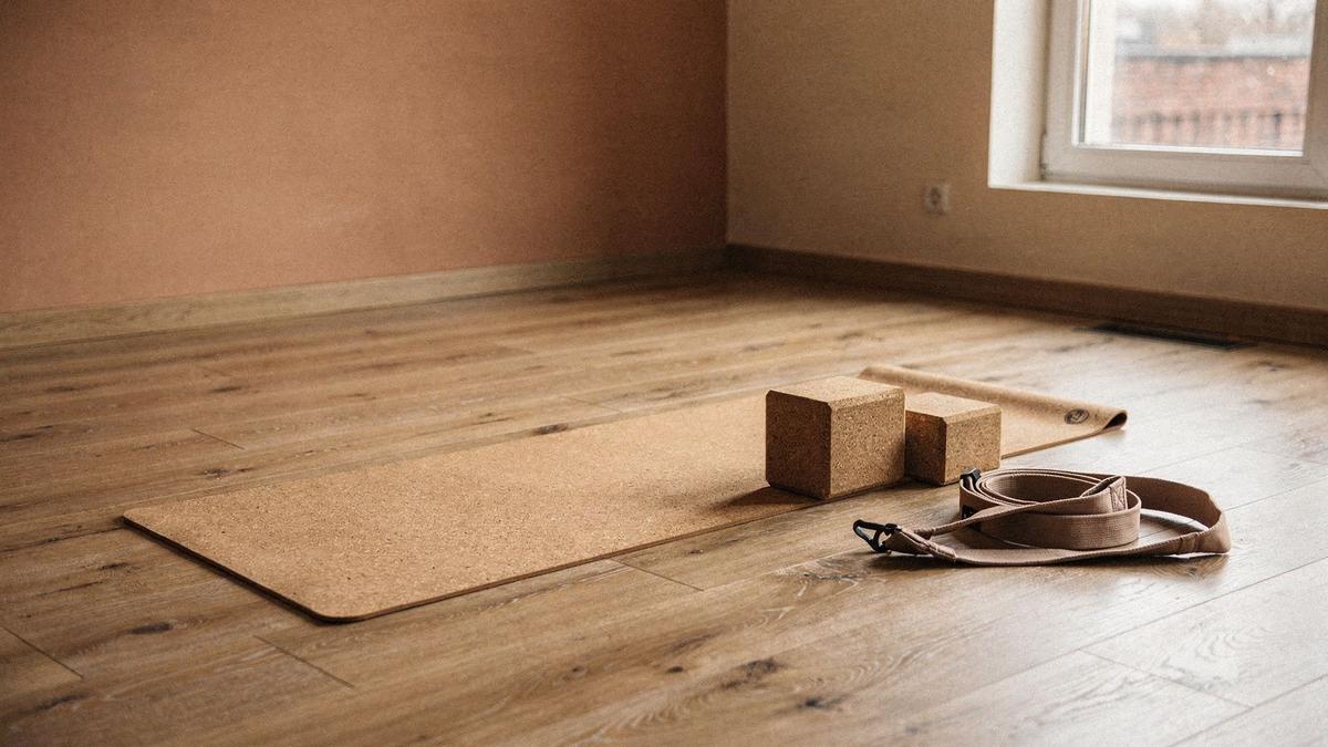 Beginner student setting two blocks and a mat on the studio floor before a class